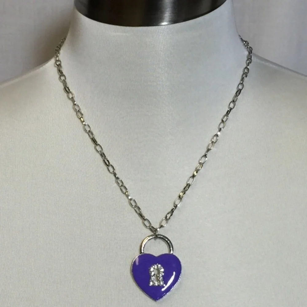 2/$10 Girls Purple Heart Lock Rhinestone Pendant Necklace | 7 Inch